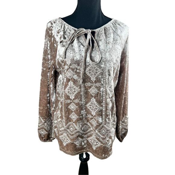 SAVANNA JANE tan crushed velvet Western Boho Embroidered Long Sleeve Blouse S - Picture 1 of 7